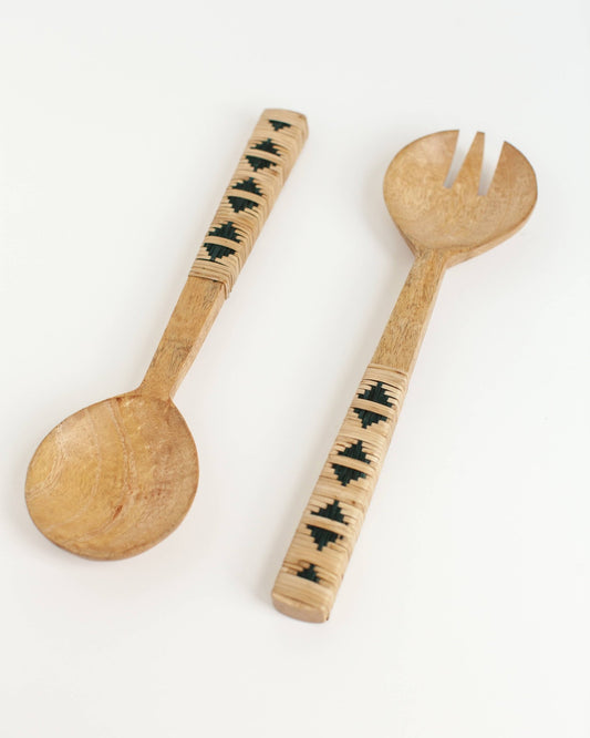 Geo Woven Mango Wood Salad Servers - vibeboxshop