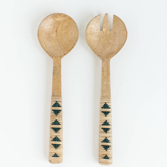 Geo Woven Mango Wood Salad Servers - vibeboxshop