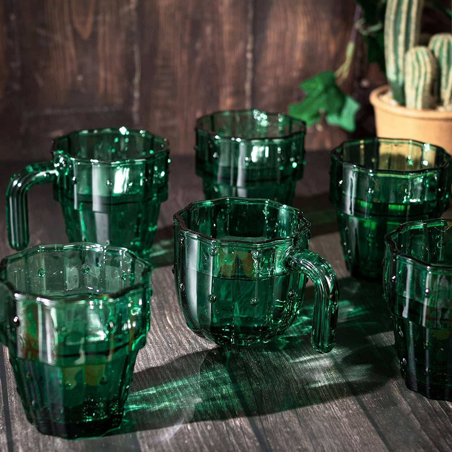 Glass Green Cactus Cups - 6 Set - vibeboxshop