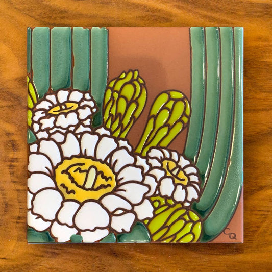 Saguaro Cactus Bloom Hand Glazed Art Tile Trivet - vibeboxshop
