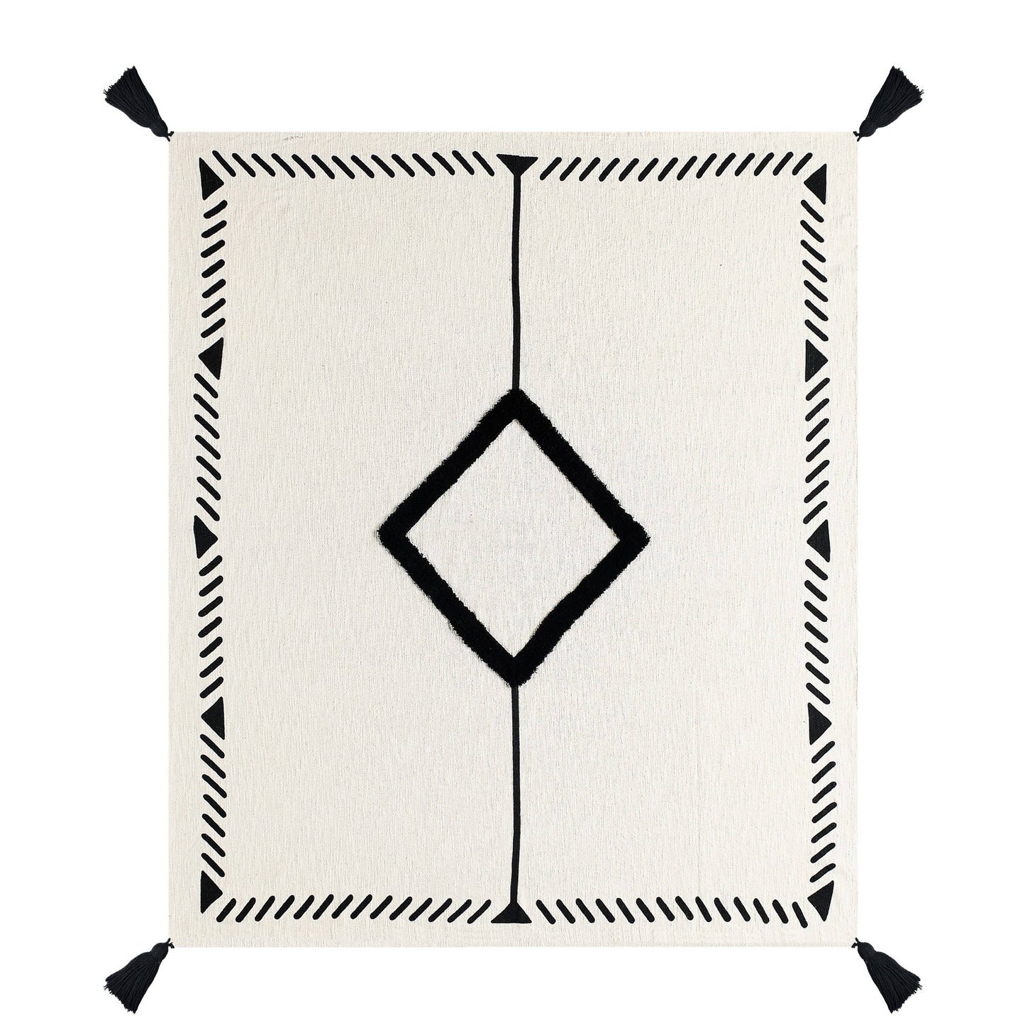 Modern Boho Tufted Diamond Bordered Cotton Throw Blanket: Black/White