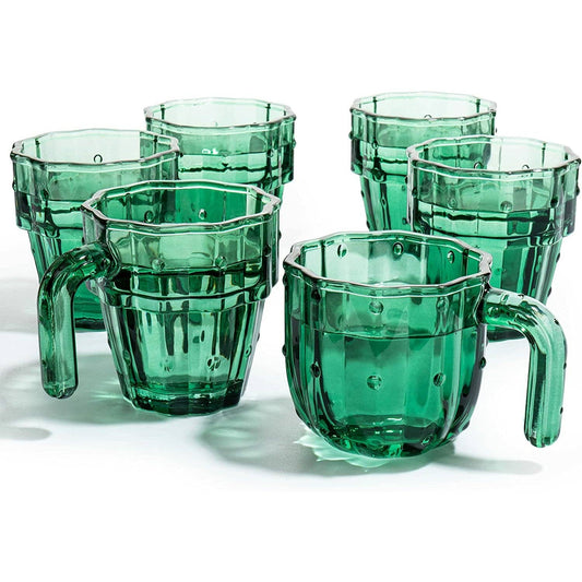 Glass Green Cactus Cups - 6 Set