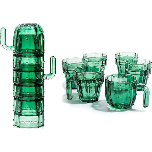 Glass Green Cactus Cups - 6 Set