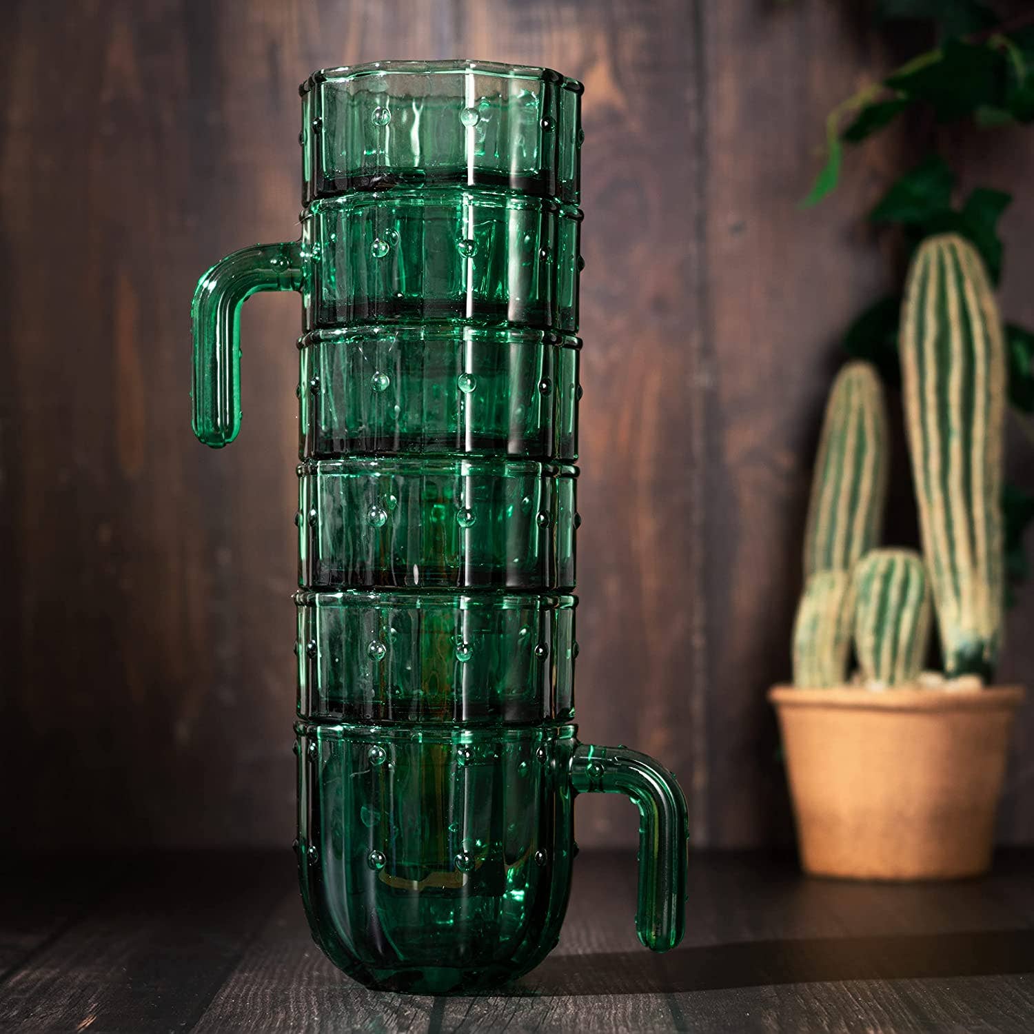 Glass Green Cactus Cups - 6 Set - vibeboxshop
