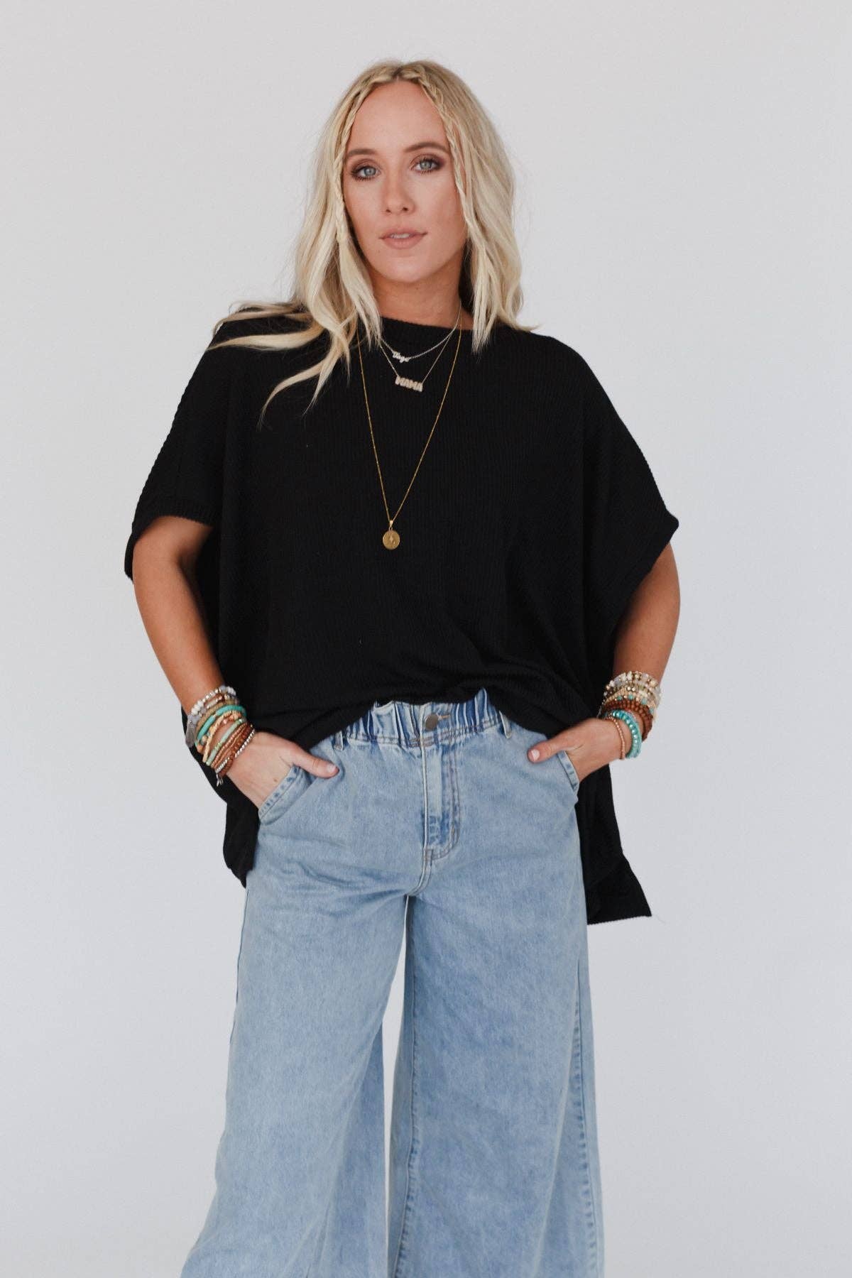 Moon Glow Texture Knit Top - Black - vibeboxshop