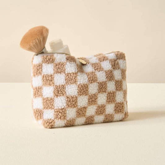Tan Checkered Teddy Pouch - vibeboxshop