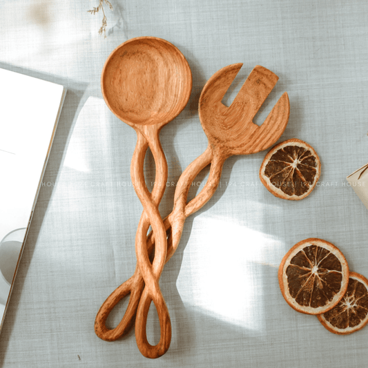Twisted Handle Wooden Salad Servers - vibeboxshop